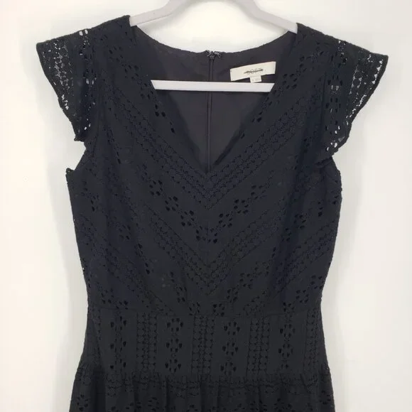 3/$25 LOFT Eyelet Lace Mini Dress 4 Fit and Flare Floune Ruffle Cotton Black - Picture 4 of 10